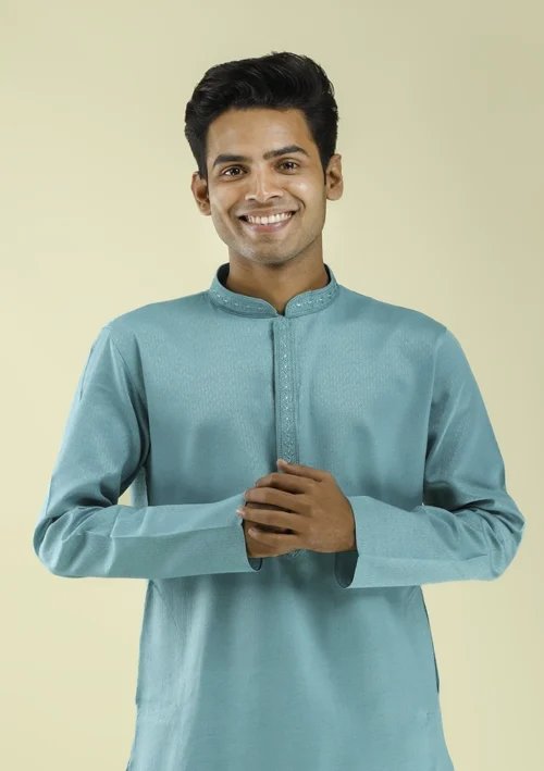 Nawab Parker Wedding Kurta Pajama for Men with Embroidered Placket half front view