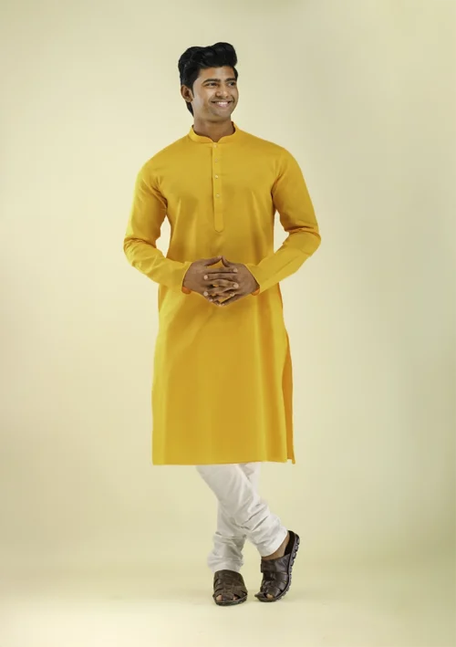 Nawab Parker Wedding Special Bright Yellow Kurta Pajama for Haldi front view