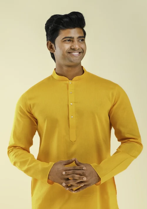 Nawab Parker Wedding Special Bright Yellow Kurta Pajama for Haldi half front view