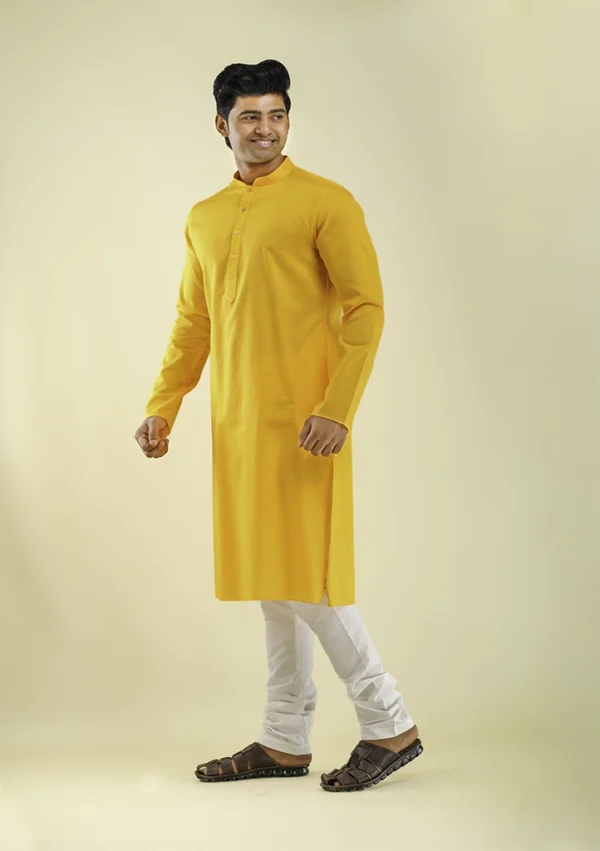 Nawab Parker Wedding Special Bright Yellow Kurta Pajama for Haldi left view
