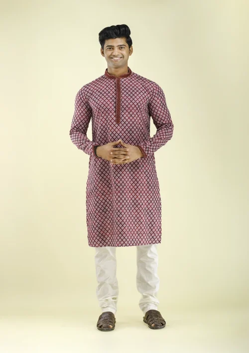 Nawab Parker White Motif Printed Wedding Kurta Pajama for Men Front - View