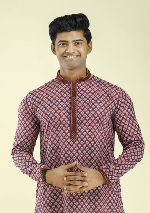 Nawab Parker White Motif Printed Wedding Kurta Pajama for Men Half Front - View