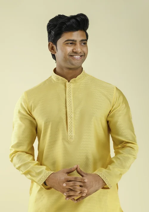 Nawab Parker Yellow Color Party Wear Kurta Pajama for Wedding half front view