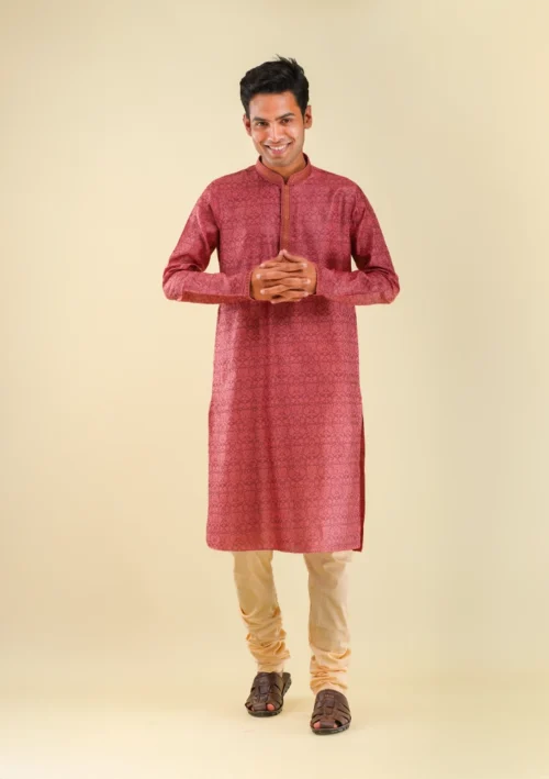 Nawab ParkerCarrot Pink Viscose Based Printed Kurta Pajama Set for Men front full view