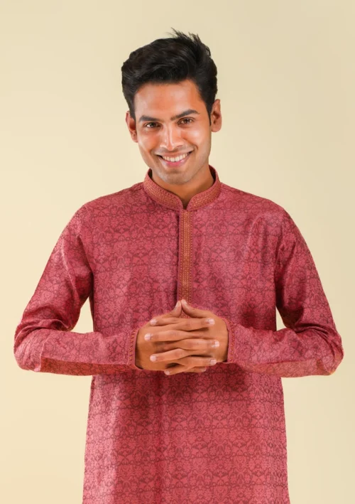 Nawab ParkerCarrot Pink Viscose Based Printed Kurta Pajama Set for Men front half view