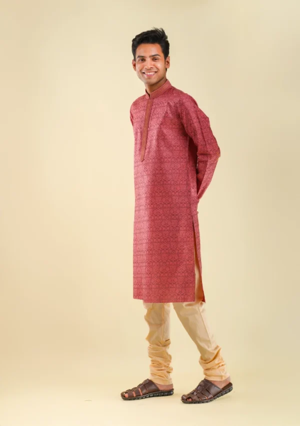 Nawab ParkerCarrot Pink Viscose Based Printed Kurta Pajama Set for Men left view