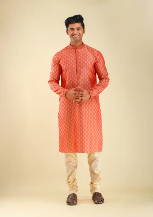 Nawab Parkerr Men's Stylish Orange Kurta Pajama with Golden Motifs front full view