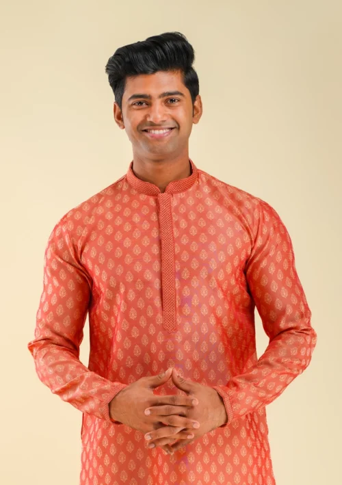 Nawab Parkerr Men's Stylish Orange Kurta Pajama with Golden Motifs front kurta view