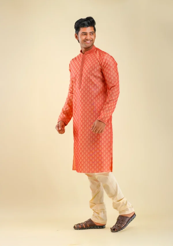 Nawab Parkerr Men's Stylish Orange Kurta Pajama with Golden Motifs left view