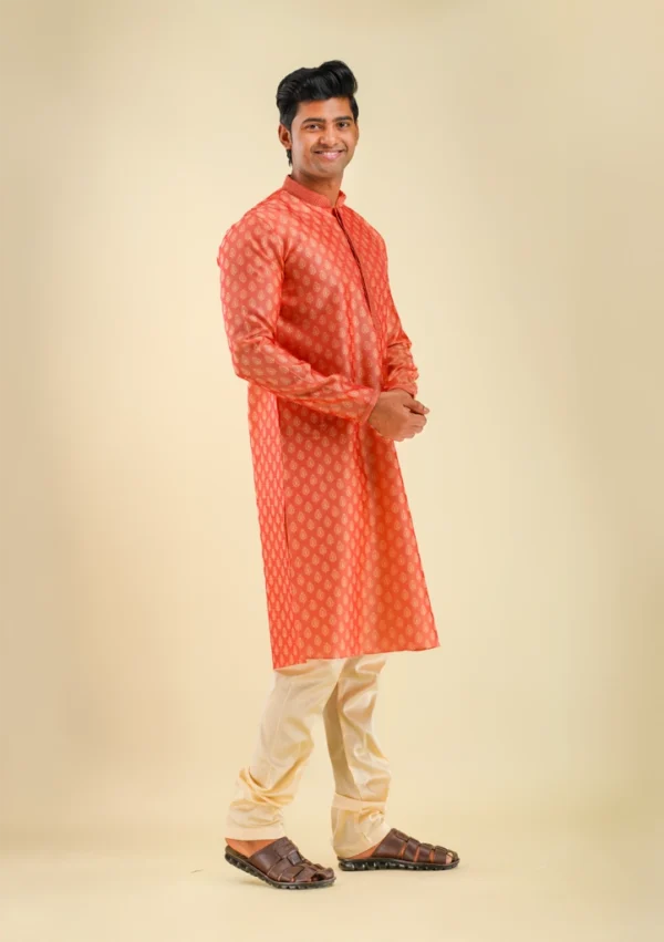 Nawab Parkerr Men's Stylish Orange Kurta Pajama with Golden Motifs right view