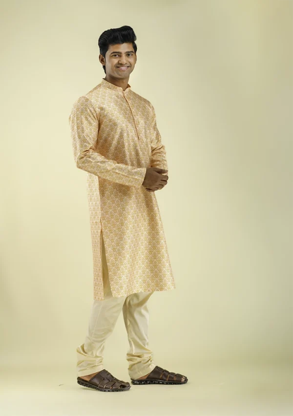 Nawab Parker Warm Peach Damask Printed Kurta Pajama for Men right- view