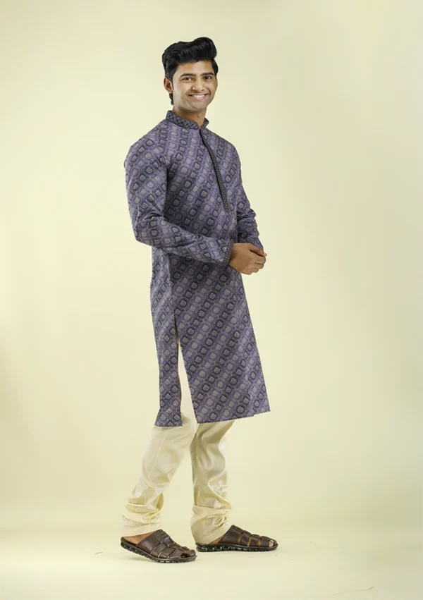Nawab Parker Printed Kurta Pajama for Men with Embroidered Collar right- view