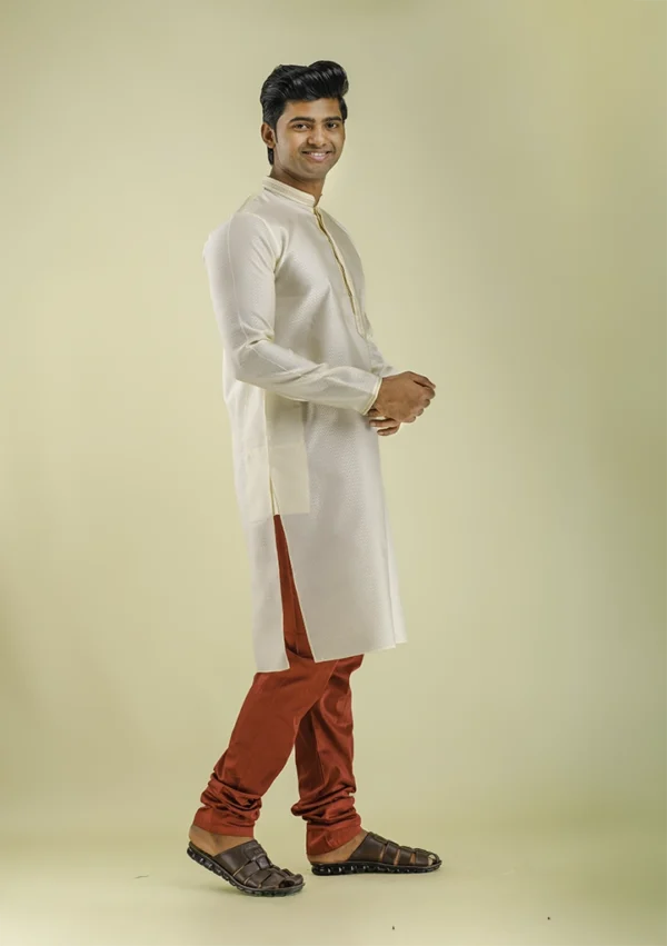 Nawab Parker Textured Silk Cream Color Kurta Pajama For Diwali right view