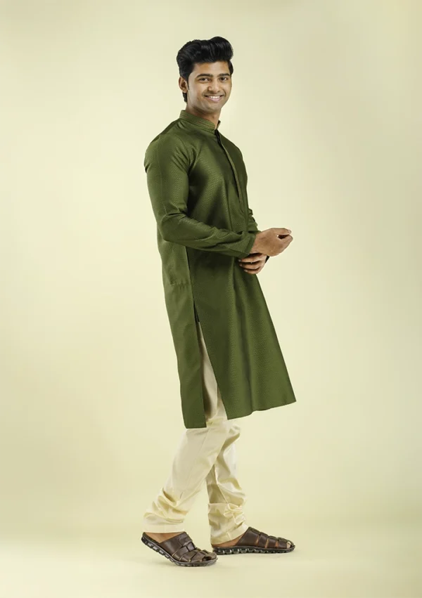 Nawab Parker Traditional Art Silk Mehndi Green Kurta Pajama right view
