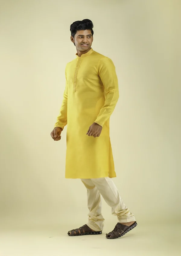 Nawab Parker Sunshine Yellow Kurta Pajama with Woven Textures Right - View