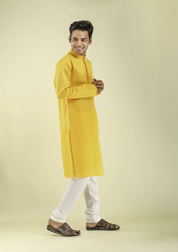 Nawab Parker Self Design Vibrant Yellow Kurta Pajama for Men right view