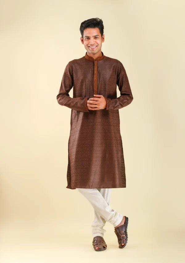 Nawab Parker Patterned Brown Kurta Pajama Viscose Silk Party Wear