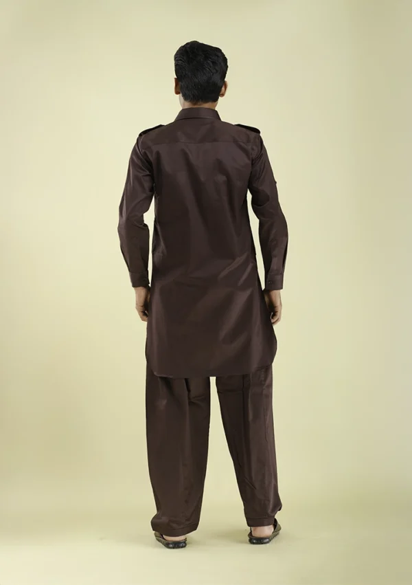 Nawab Parker Punjabi Style Brown Pathani Kurta Pajama for Men back view