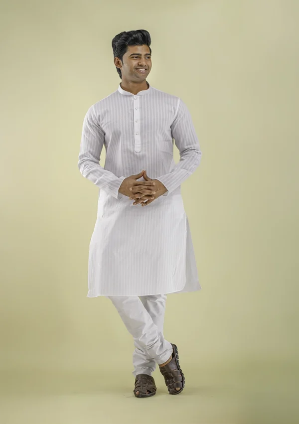 Nawab Parker Nawab Parker Stripe Patterned White Kurta Pajama for Men front view