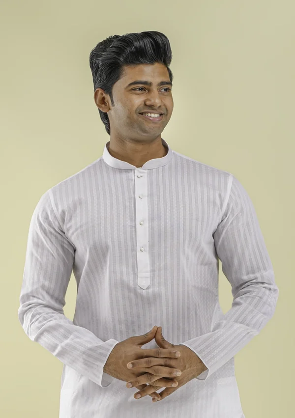 Nawab Parker Nawab Parker Stripe Patterned White Kurta Pajama for Men half front view