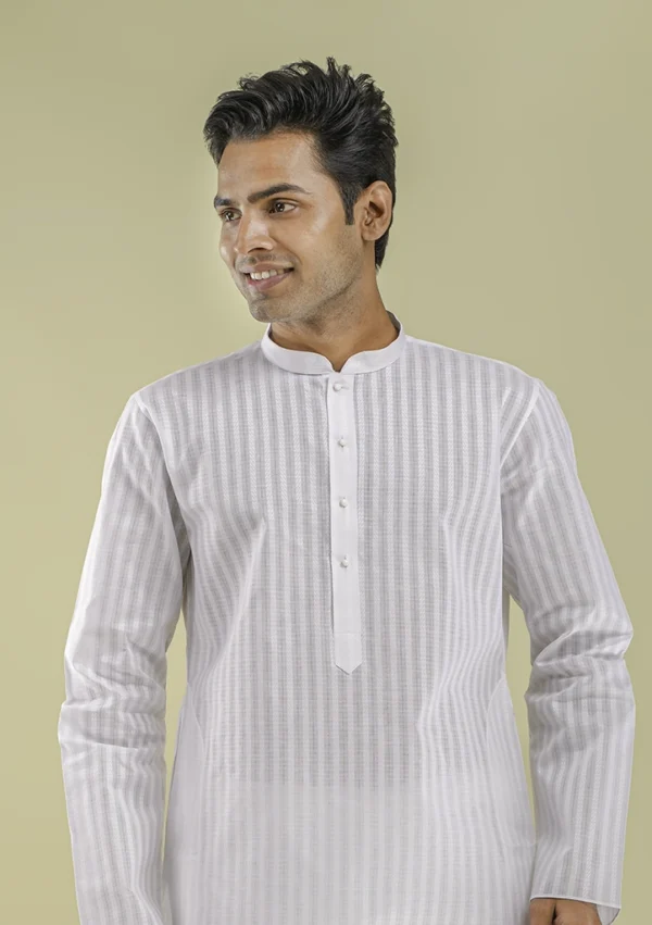 Nawab Parker Striped White Kurta Pajama Design for Men half front view