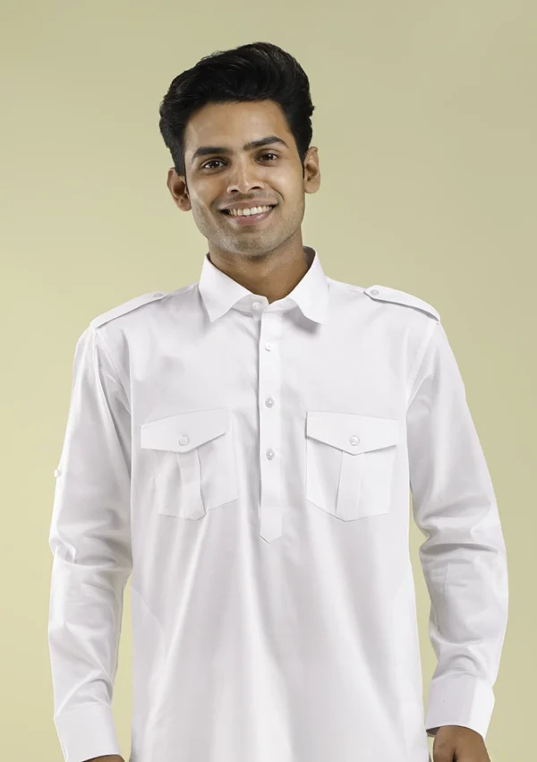 Nawab Parker White Pathani Kurta Pajama for Men Eid Traditional Design half front view