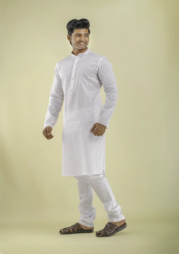 Nawab Parker Nawab Parker Stripe Patterned White Kurta Pajama for Men left view