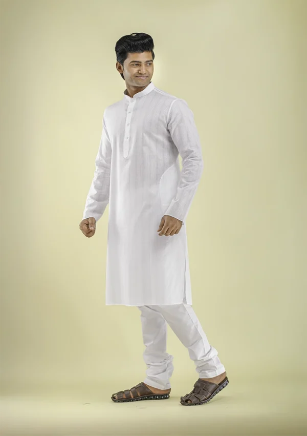 Nawab Parker Self-Jacquard White Kurta Pajama for Wedding Glow left view