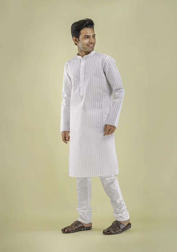 Nawab Parker Striped White Kurta Pajama Design for Men left view