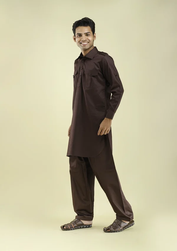 Nawab Parker Punjabi Style Brown Pathani Kurta Pajama for Men left view