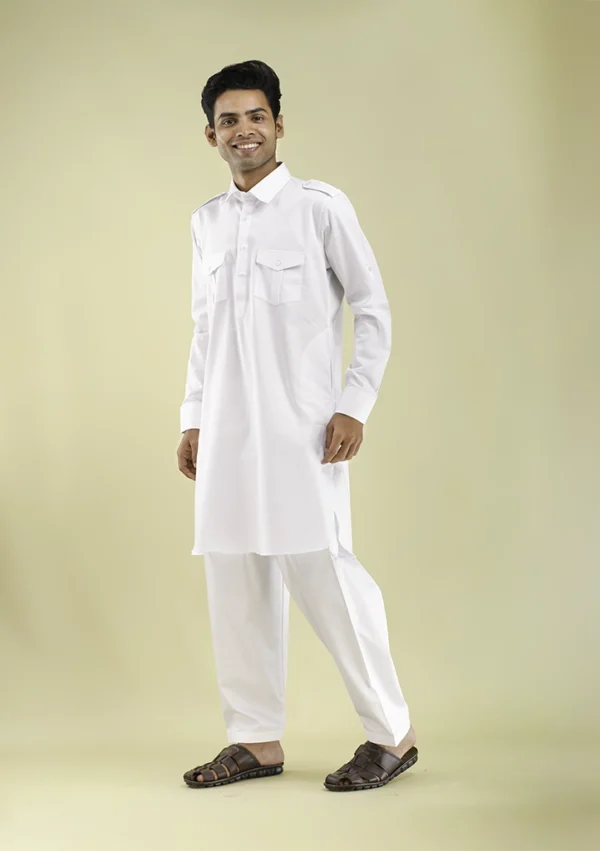 Nawab Parker White Pathani Kurta Pajama for Men Eid Traditional Design left view
