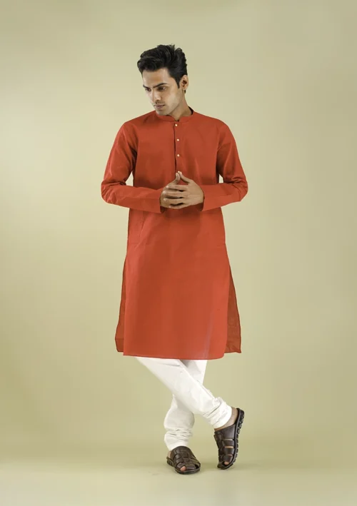 Men's Cotton Blend Vibrant Red Colour Kurta Pajama front view
