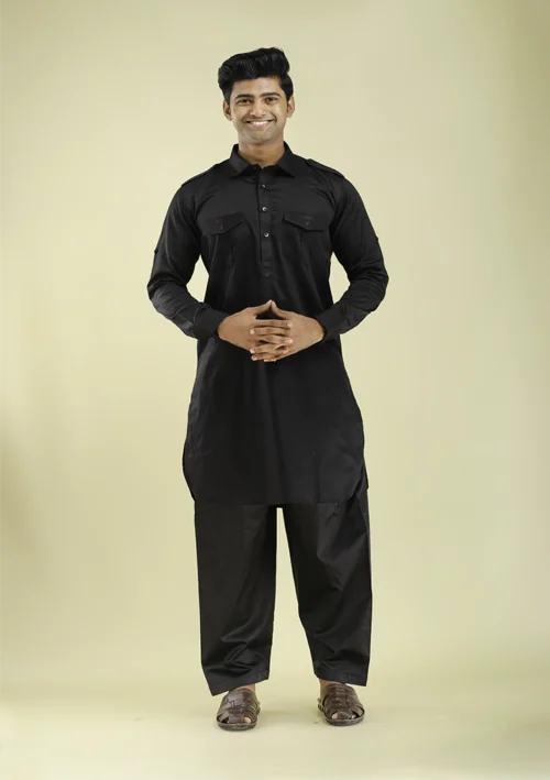 Nawab Parker Black Pathani Kurta Pajama for Men Wedding Festive Style front view