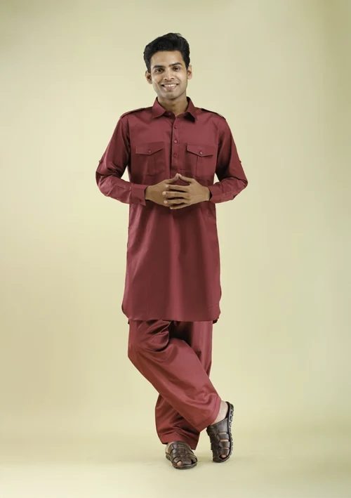Nawab Parker Bollywood Style Maroon Pathani Kurta Pajama for Men front view