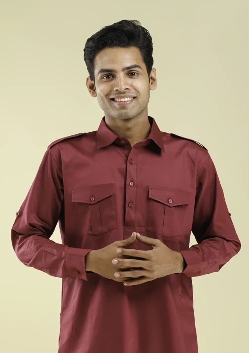 Nawab Parker Bollywood Style Maroon Pathani Kurta Pajama for Men half front view