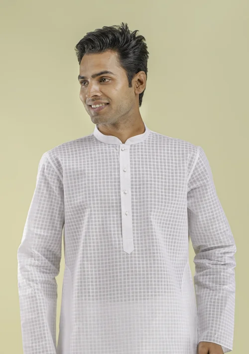 Nawab Parker Checkered Design White Kurta Pajama for Men