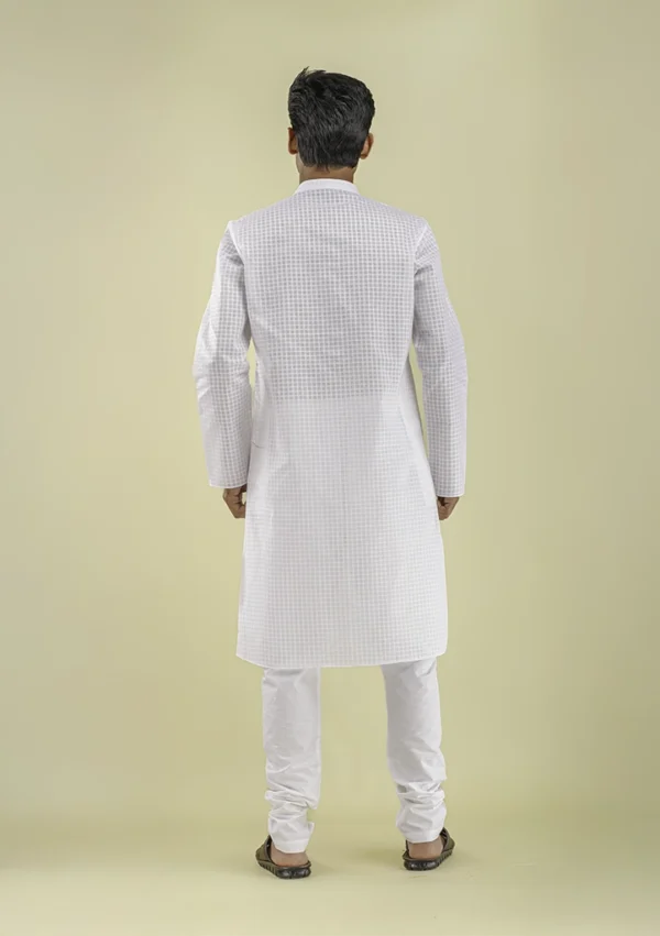 Nawab Parker Checkered Design White Kurta Pajama for Men back view