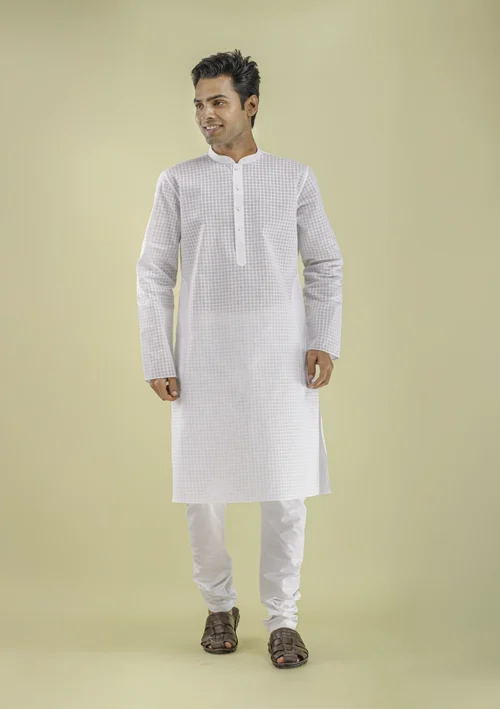 Nawab Parker Checkered Design White Kurta Pajama for Men front view