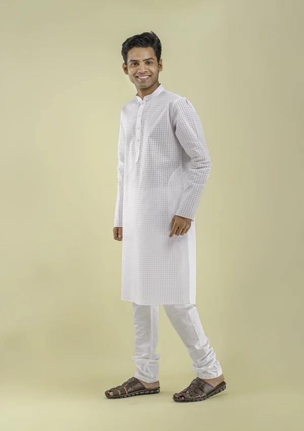 Nawab Parker Checkered Design White Kurta Pajama for Men left view
