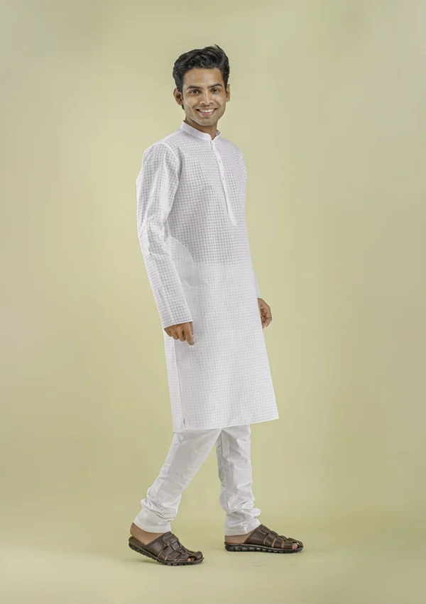 Nawab Parker Checkered Design White Kurta Pajama for Men right view
