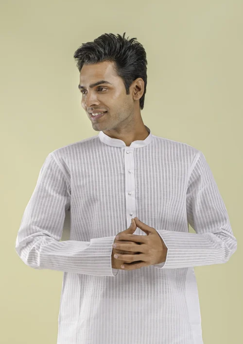 Nawab Parker Classic Cotton Based White Kurta Pajama for Men half front view