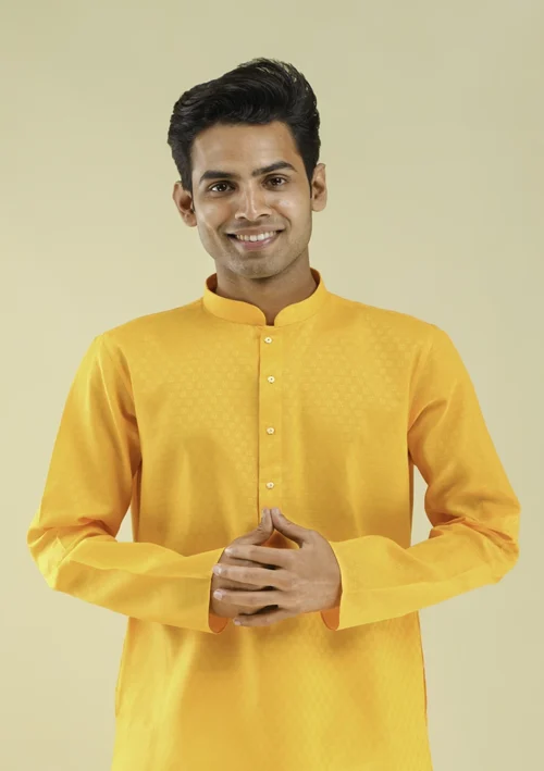 Nawab Parker Classic Ethnic Straight Yellow Kurta Pajama for Men half front view