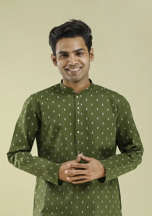 Nawab Parker Clean White Motif Print Kurta Pajama for Men half front view