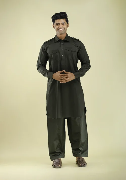Nawab Parker Dark Green Pathani Kurta Pajama for Men front view