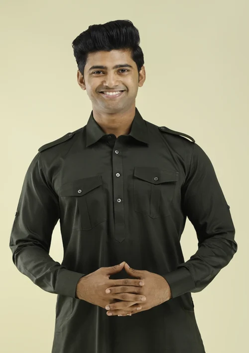 Nawab Parker Dark Green Pathani Kurta Pajama for Men half front view