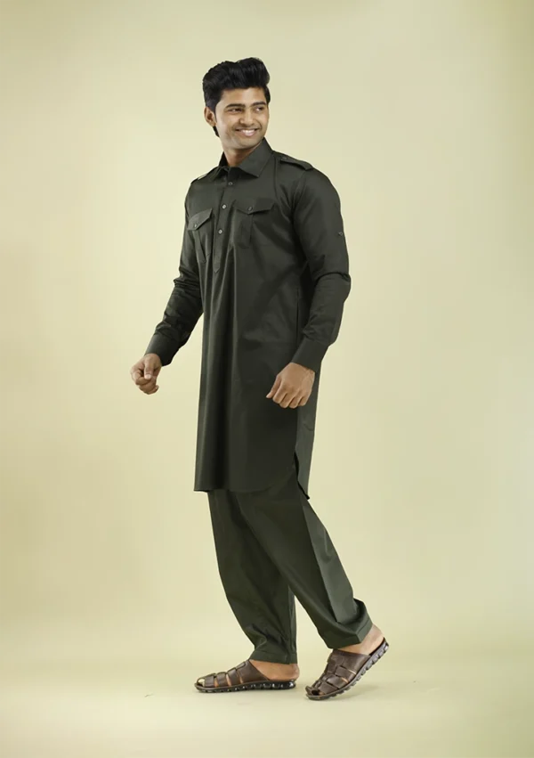Nawab Parker Dark Green Pathani Kurta Pajama for Men left view
