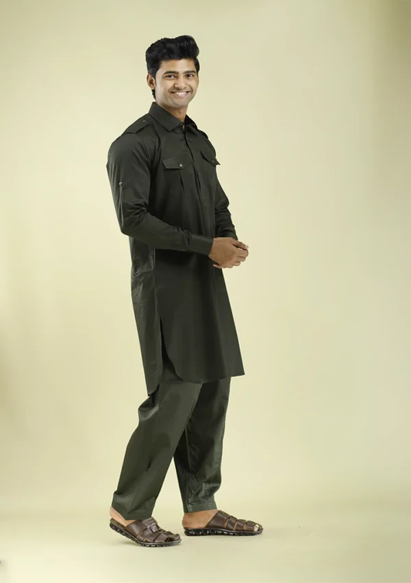 Nawab Parker Dark Green Pathani Kurta Pajama for Men right view