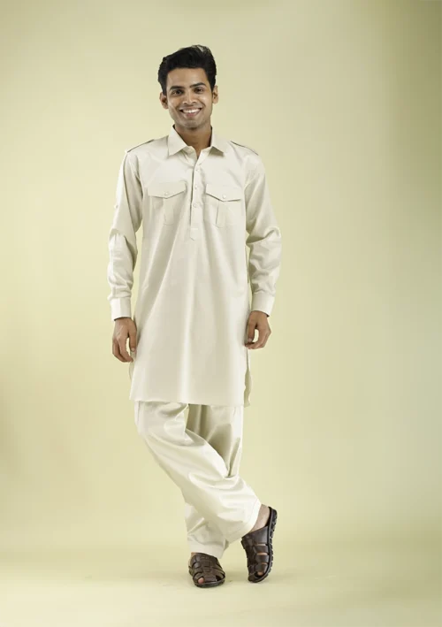 Nawab Parker Eid Special Cream Colour Pathani Kurta Pajama for Men front view