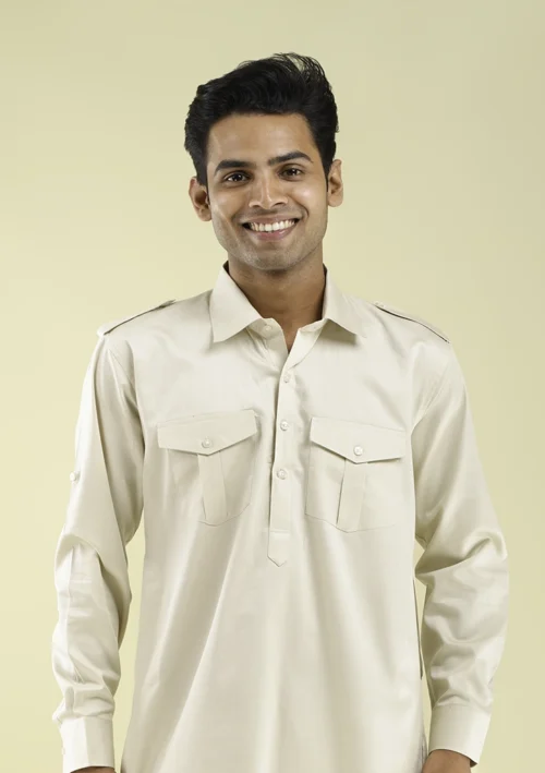 Nawab Parker Eid Special Cream Colour Pathani Kurta Pajama for Men half front view