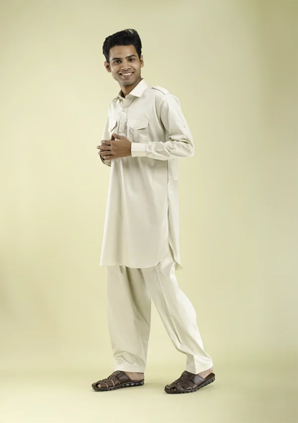 Nawab Parker Eid Special Cream Colour Pathani Kurta Pajama for Men left view